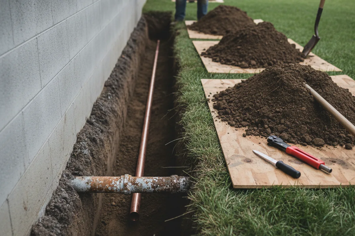 Excavated water line trench during Water Softener Installation in Amawalk